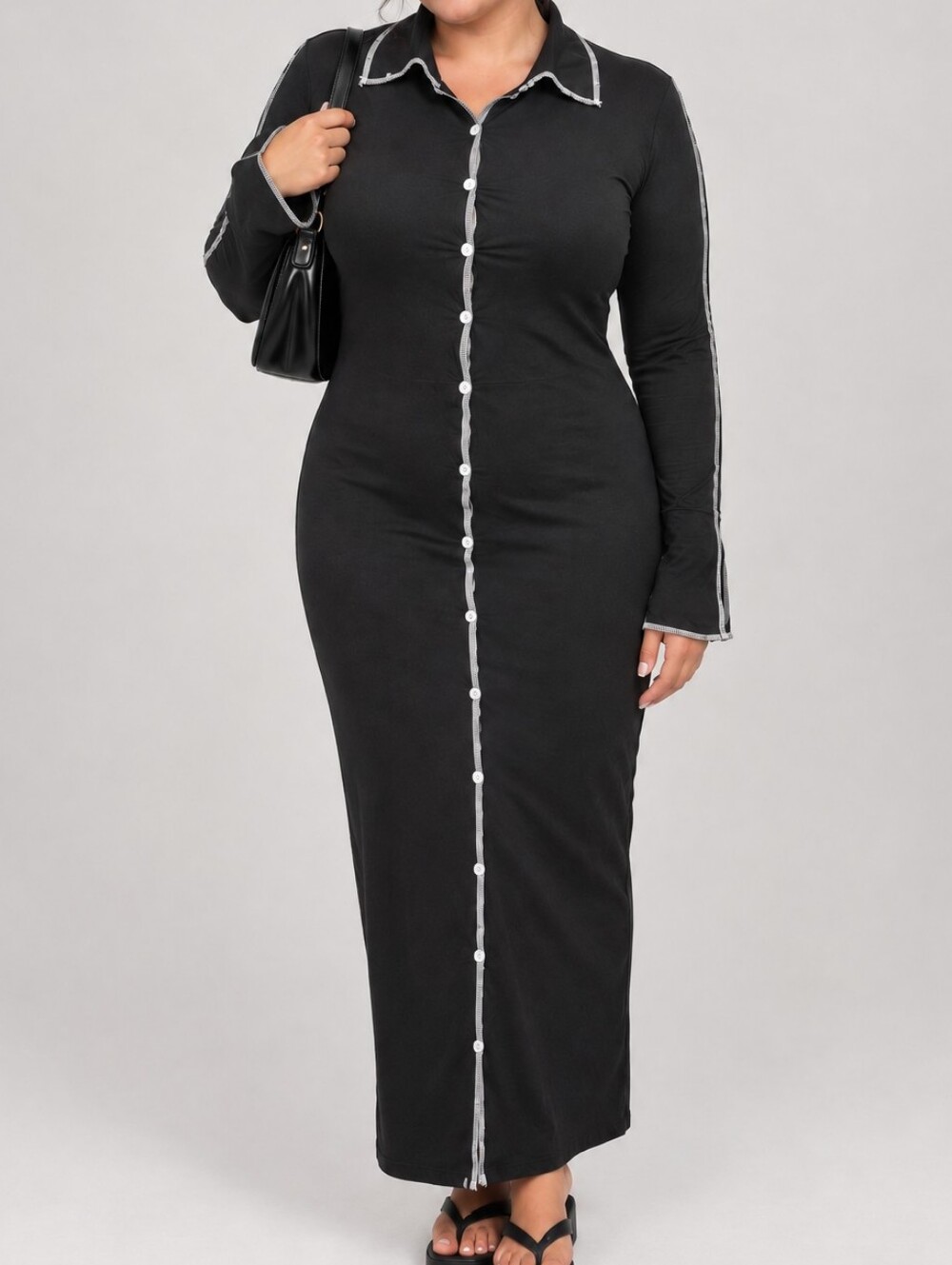 Black Maxi Shirt Dress with White Stitching – 1XL